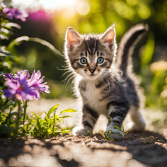 Obraz premium A playful kitten with striking blue eyes exploring a sunlit garden filled with colorful flowers, capturing the essence of curiosity and innocence in nature.