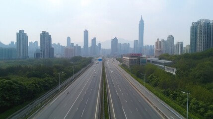 Fototapeta premium Empty Highway Leading to a Modern City Skyline