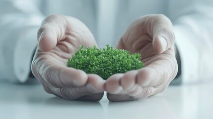 A person's hands gently cradle a small mound of vibrant green grass, symbolizing care for nature and sustainability.