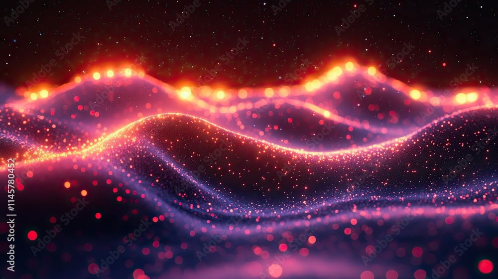 Wall mural neon waves and illustrations of particles represent connection, cybersecurity, futuristic technology