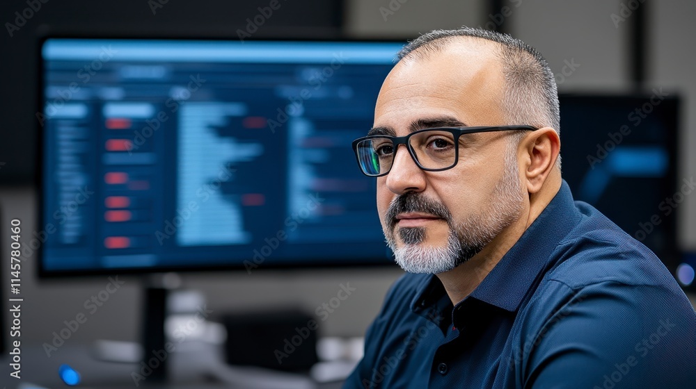 Poster a focused individual in a blue shirt with glasses sits in front of a computer screen displaying data