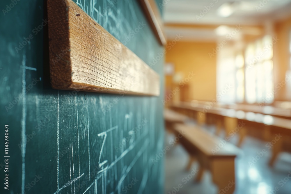 Poster classroom blackboard with wooden ledge and empty seats during daytime learning session