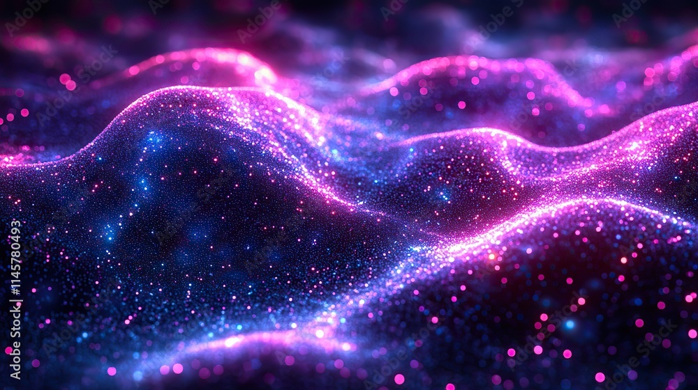 Wall mural neon waves and illustrations of particles represent connection, cybersecurity, futuristic technology