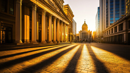 Fototapeta premium Courthouse building exterior bathed in warm sunset hues, symbolizing justice and order amidst the tranquility of evening light.