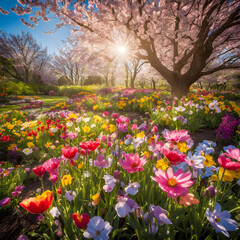 A vibrant spring garden filled with colorful tulips and daisies, illuminated by sunlight filtering through blooming cherry blossom trees, creating a picturesque scene.