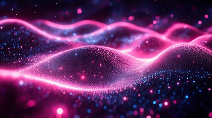 Fototapeta premium Neon waves and lines of particles represent connection, cybersecurity, futuristic technology, digital transformation, big data network, energy, programming software, and cloud computing.