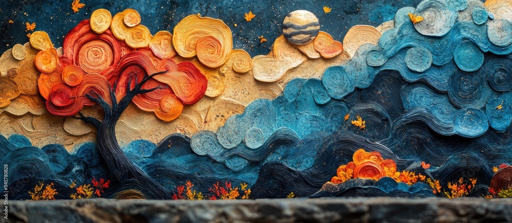 Poster handcrafted decorative calendar design featuring colorful seasonal elements and a celestial backgrou