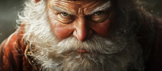Close up portrait of a traditional Santa Claus with intense gaze and detailed white beard capturing the spirit of the holiday season