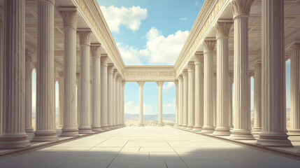 Fototapeta premium Ancient greek temple with pillars. Vector realistic antique building front with white marble arches and columns with capital in doric style. Background with roman palace entrance