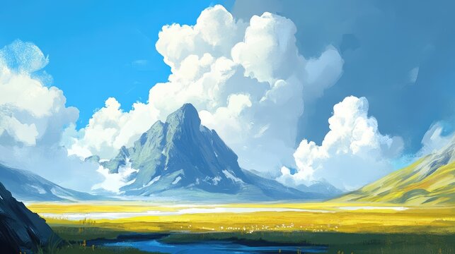 Majestic mountain landscape with vibrant clouds over rolling hills and a serene river under a clear blue sky in a scenic view.
