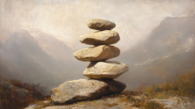 Balanced stone tower in serene landscape symbolizing harmony and tranquility with mountains in the background.