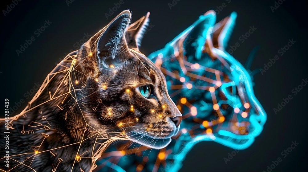 Poster futuristic cat design with neon lines and abstract features