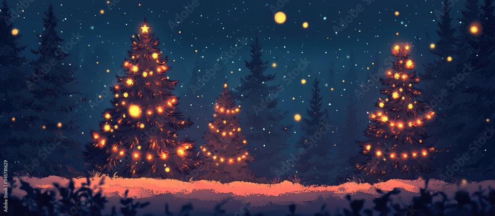 Poster winter wonderland with illuminated christmas trees and falling snow in a serene forest setting at ni