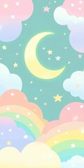 Dreamy Pastel Sky with Soft Clouds, Crescent Moon, and Colorful Rainbows Perfect for Whimsical and Imaginative Illustrations or Backgrounds for Children