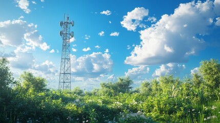 Tall Signal Tower Against Bright Blue Sky with Fluffy Clouds