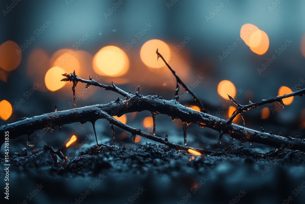 Aufkleber glowing embers and charred branches create a warm atmosphere in a damp forest at twilight