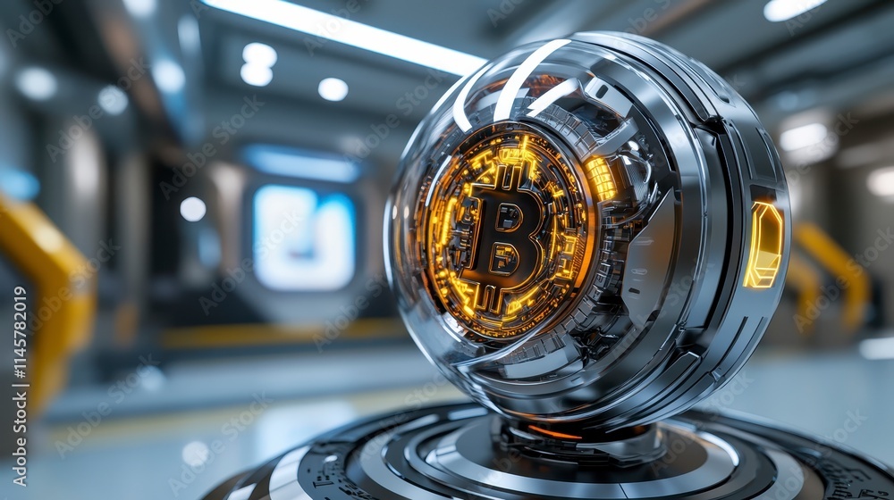 Poster a futuristic spherical object featuring an illuminated bitcoin symbol, showcasing advanced technolog