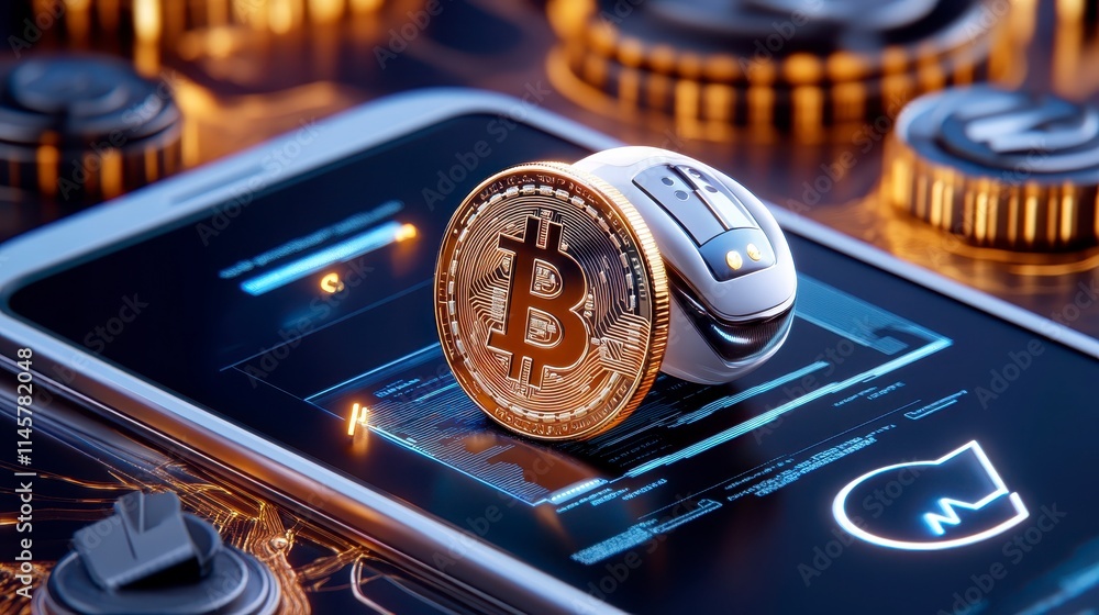 Poster a close-up of a bitcoin on a smartphone screen, highlighting the integration of cryptocurrency with 