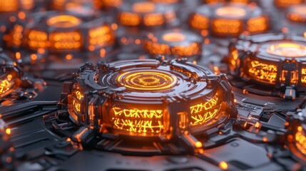 A vibrant, futuristic close-up of glowing, circular technology with intricate designs, creating an otherworldly atmosphere.