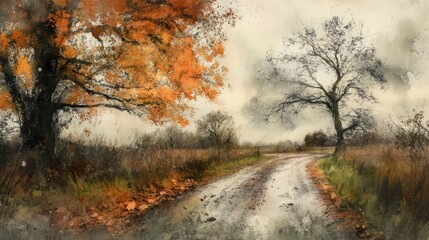 Autumnal countryside road scene with vibrant orange and bare trees, misty atmosphere.