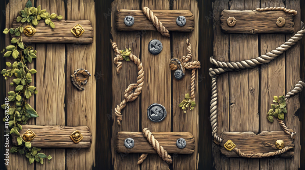 Poster wooden game buttons, menu interface made of wood textured boards with ropes and vines. ui or gui gra