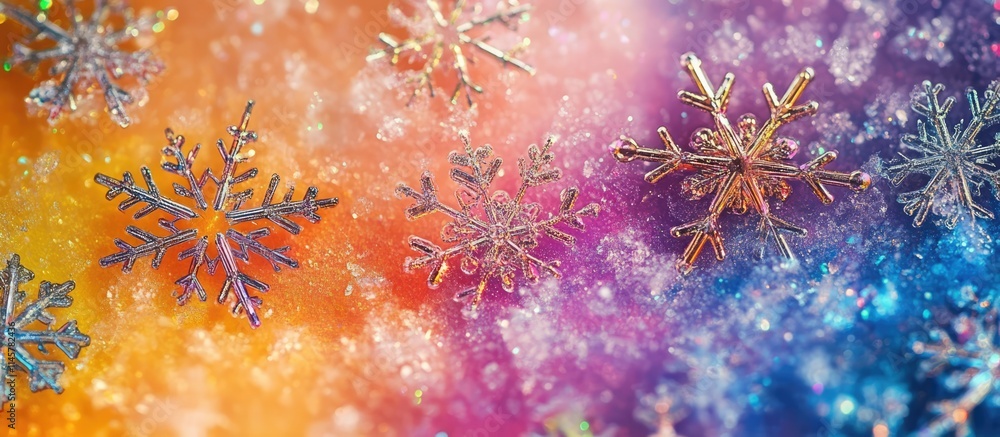 Poster delicate snowflakes scattered on a vibrant colorful background creating a whimsical winter scene wit