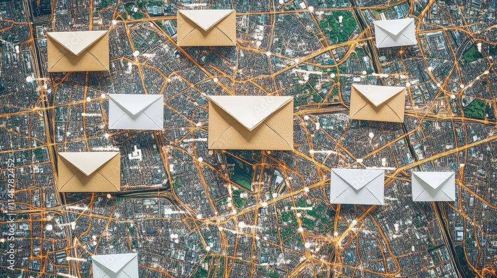 Poster digital communication network concept with envelopes on a city map representing business corresponde