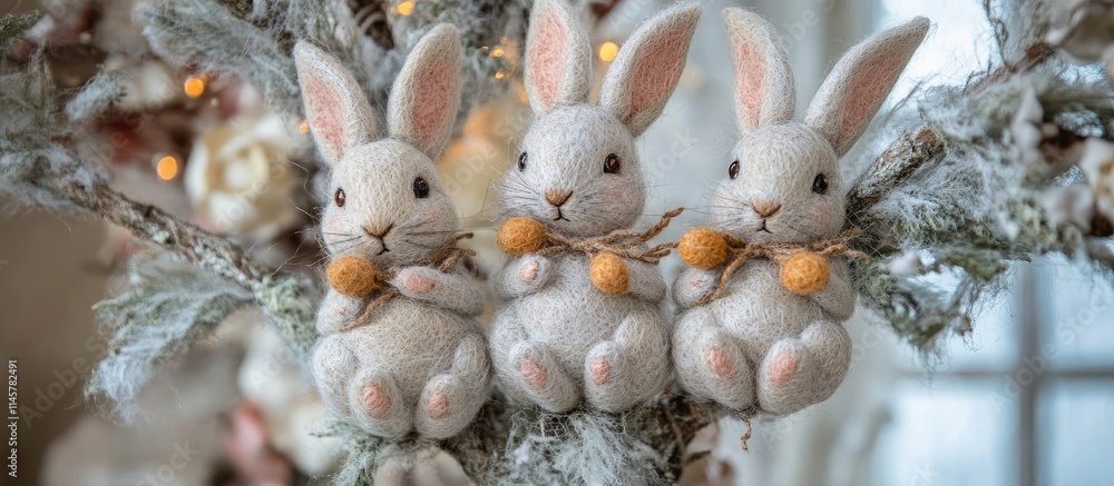 Poster handmade felt decorative hares displayed on a tree creating a whimsical and charming atmosphere for 