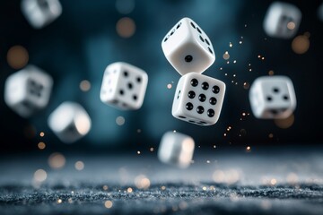 Dice are flying through the air in a dynamic display of chance and luck during a game night or casino setting
