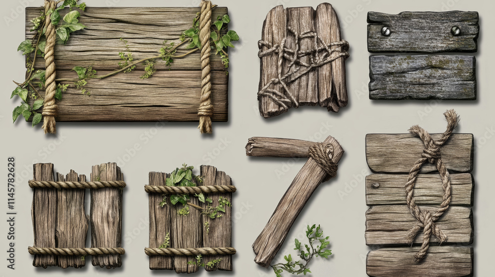 Poster wooden game buttons, menu interface made of wood textured boards with ropes and vines. ui or gui gra