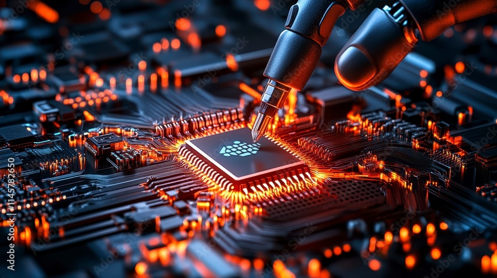 Poster a robotic hand works on a glowing microchip, highlighting advanced technology and intricate circuits