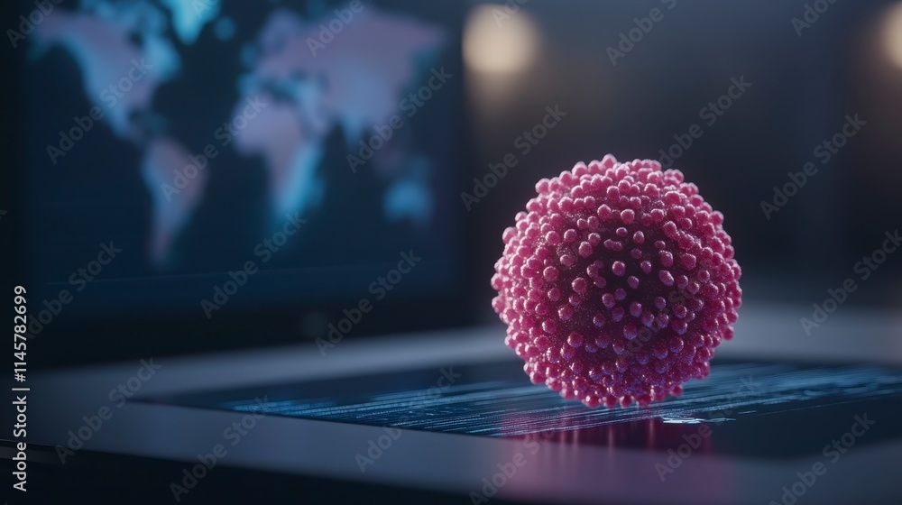 Aufkleber a digital representation of a virus, depicted in pink, floating above a computer screen displaying a