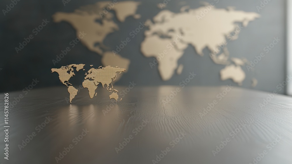 Poster a wooden world map sits on a surface, with a larger world map in the background, creating a stylish 