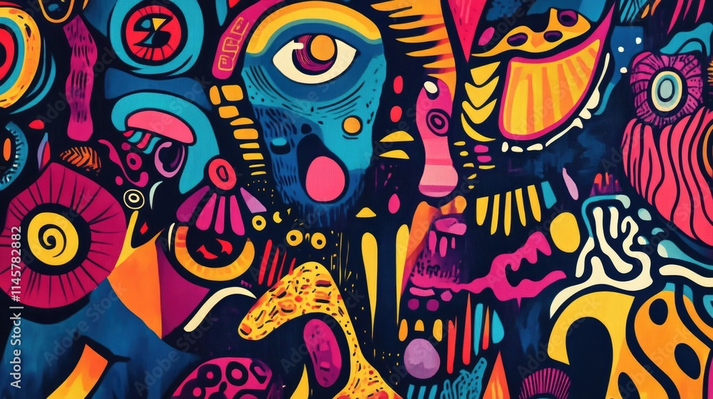 Poster vibrant abstract psychedelic background featuring colorful patterns and faces for modern art and des