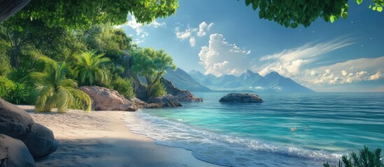 Obraz premium Serene tropical beach landscape with lush greenery mountains and calm waters under a bright sky in a southern island paradise