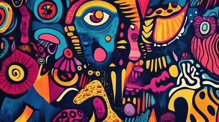 Fototapeta premium Vibrant Abstract Psychedelic Background Featuring Colorful Patterns and Faces for Modern Art and Design Projects