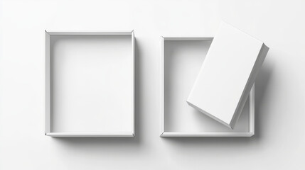 White closed and open cardboard box mockup top angle view. Realistic vector illustration set of blank carton package for delivery or gift concept. Rectangular low paper pack with cover mock up.