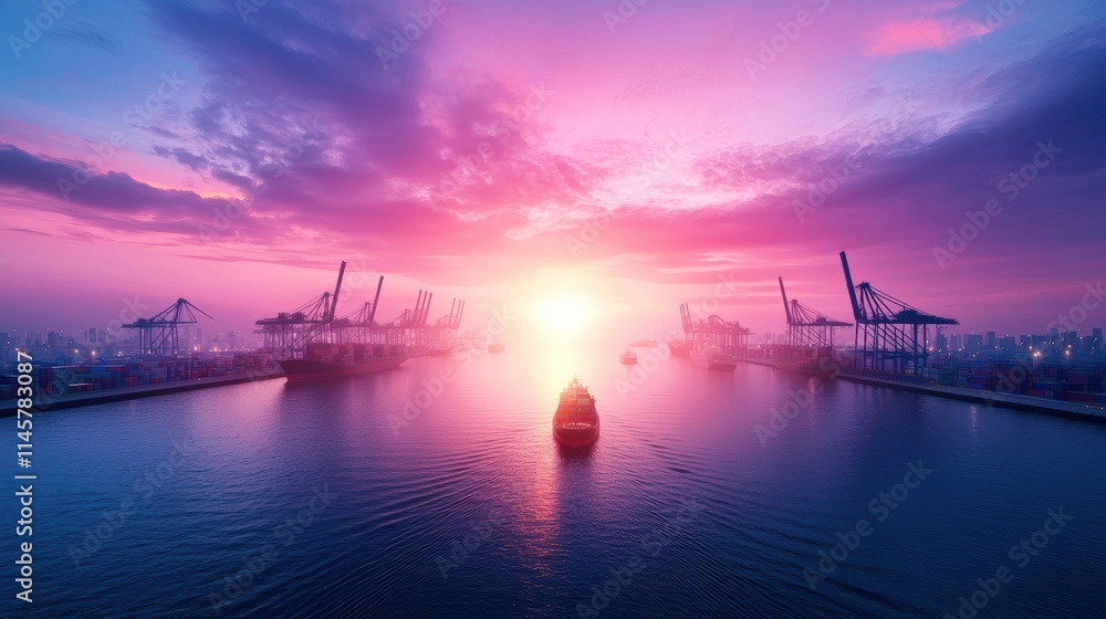 Poster a bustling port at twilight, with cranes loading and unloading cargo ships, their towering structure