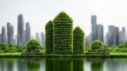 Fototapeta premium A futuristic cityscape featuring green, plant-covered buildings surrounded by water and trees, blending nature with urban architecture.
