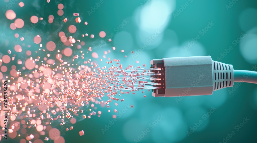 Poster a close up of a network cable plugged into a router, with data packets flowing through the wires at 