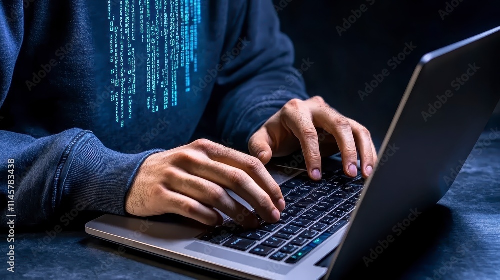 Poster a person types on a laptop, illuminated by blue code, emphasizing technology, programming, and the d