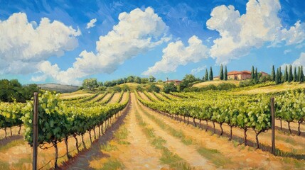 Naklejka premium Vibrant Vineyard Landscape with Rolling Hills and Lush Grapevines Under a Bright Blue Sky