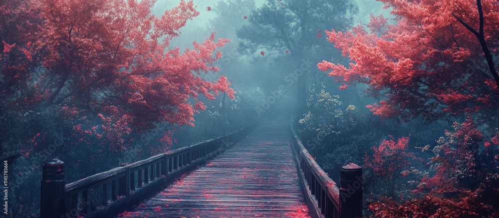 Poster serene pathway through a vibrant forest with red foliage and misty atmosphere creating a tranquil an