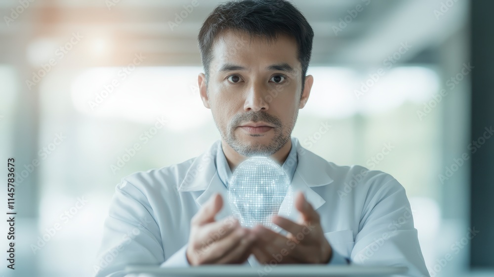 Poster a focused man in a lab coat holds a transparent globe, symbolizing science, innovation, and global c