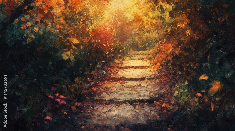 Aufkleber autumn pathway illuminated by warm light with vibrant foliage and textured surface creating a serene