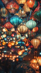 Obraz premium A large number of lanterns hanging in the air