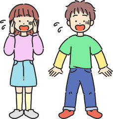 驚いている男の子と女の子のかわいい線画イラスト