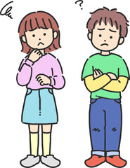 困っている男の子と女の子のかわいい線画イラスト
