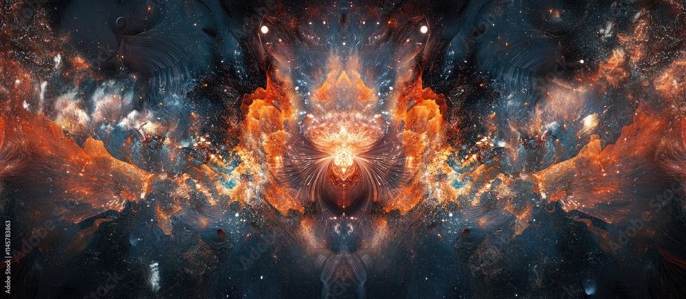 Poster abstract cosmic explosion with vivid colors and intricate patterns resembling fireworks against a da