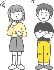 困っている男の子と女の子のかわいい線画イラスト
